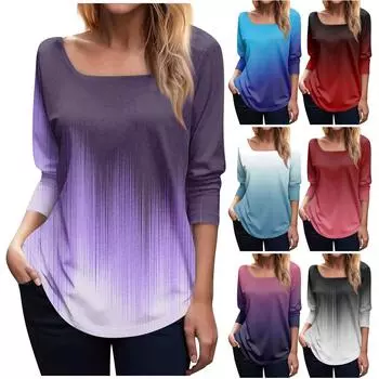 Женская модная футболка с квадратным вырезом и длинным рукавом с градиентным принтом, топ S винный