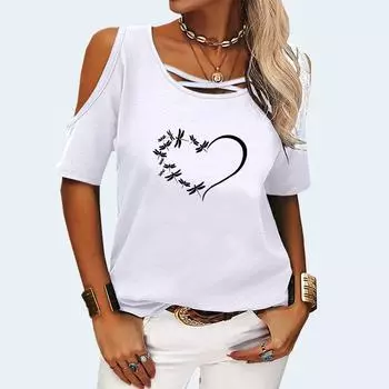 Женская модная футболка с открытыми плечами, летняя футболка с круглым вырезом и короткими рукавами, пуловер, женская повседневная футболка с принтом в форме сердца S розовый