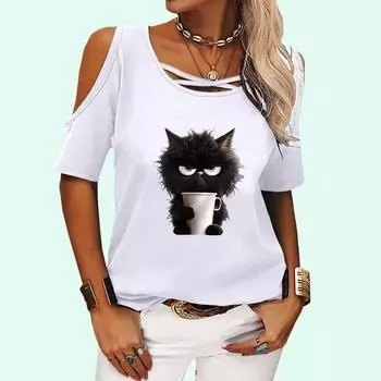 Женская модная футболка с открытыми плечами, летняя и осенняя футболка с круглым воротником и короткими рукавами, женская модная футболка с принтом кота S розовый