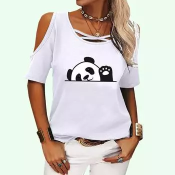 Женская модная футболка с открытыми плечами, летняя повседневная футболка с коротким рукавом, топ с круглым вырезом и принтом панды, пуловер, женская футболка S розовый