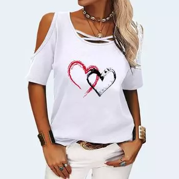 Женская модная футболка с открытыми плечами, летняя футболка с круглым вырезом и короткими рукавами, пуловер, женская повседневная футболка с принтом в форме сердца S розовый
