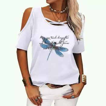 Женская модная футболка с открытыми плечами, летняя футболка с круглым воротником и коротким рукавом, пуловер, женская повседневная футболка с принтом бабочки S розовый