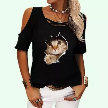 Женская модная футболка с открытыми плечами, летняя повседневная футболка с коротким рукавом, топ с круглым вырезом и принтом кота, пуловер, женская футболка S розовый