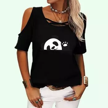 Женская модная футболка с открытыми плечами, летняя повседневная футболка с коротким рукавом, топ с круглым вырезом и принтом панды, пуловер, женская футболка S розовый