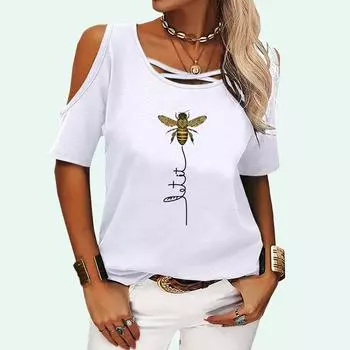 Женская модная футболка с открытыми плечами, летняя футболка с круглым воротником и короткими рукавами, пуловер, женская повседневная футболка с принтом пчелы S розовый