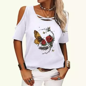 Женская модная футболка с открытыми плечами, летняя футболка с круглым воротником и коротким рукавом, пуловер, женская повседневная футболка с принтом бабочки S розовый