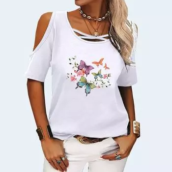 Женская модная футболка с открытыми плечами, летняя футболка с круглым вырезом и коротким рукавом, пуловер, женская повседневная футболка с принтом бабочки S розовый