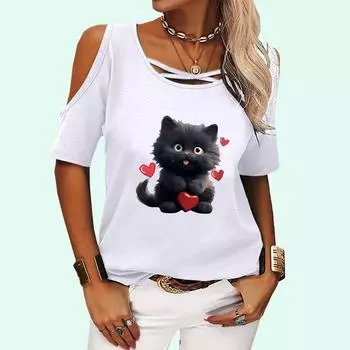Женская модная футболка с открытыми плечами, летняя и осенняя футболка с круглым воротником и короткими рукавами, женская модная футболка с принтом кота S розовый