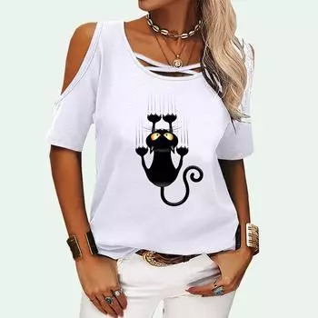 Женская модная футболка с открытыми плечами, летняя повседневная футболка с коротким рукавом, топ с круглым вырезом и принтом кота, пуловер, женская футболка S розовый