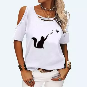 Женская модная футболка с открытыми плечами, летняя и осенняя футболка с круглым воротником и короткими рукавами, женская модная футболка с принтом кота S розовый