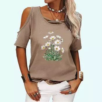 Женская модная футболка с открытыми плечами, летняя и осенняя футболка с круглым воротником и короткими рукавами, женская модная футболка с цветочным принтом S розовый