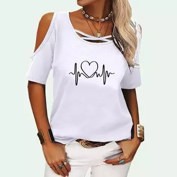 Женская модная футболка с открытыми плечами, летняя повседневная футболка с коротким рукавом, топ с круглым вырезом и принтом в форме сердца, пуловер, женская футболка S розовый