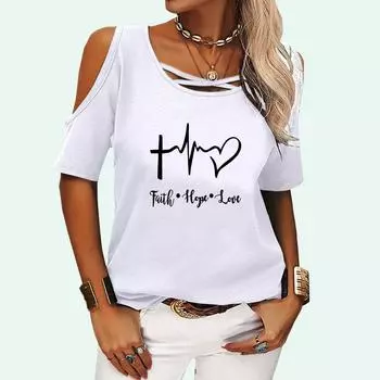 Женская модная футболка с открытыми плечами, летняя футболка с круглым вырезом и короткими рукавами, пуловер, женская повседневная футболка с принтом в форме сердца S розовый