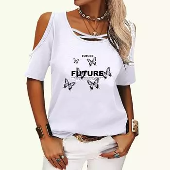 Женская модная футболка с открытыми плечами, летняя футболка с круглым вырезом и коротким рукавом, пуловер, женская повседневная футболка с буквенным принтом S розовый