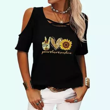 Женская модная футболка с открытыми плечами, летняя и осенняя футболка с круглым воротником и короткими рукавами, женская модная футболка с цветочным принтом S розовый