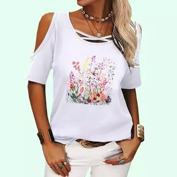 Женская модная футболка с открытыми плечами, летняя повседневная футболка с коротким рукавом, женская повседневная футболка с цветочным принтом S розовый