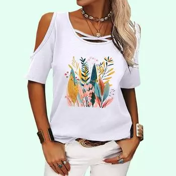 Женская модная футболка с открытыми плечами, летняя повседневная футболка с коротким рукавом, женская повседневная футболка с цветочным принтом S розовый