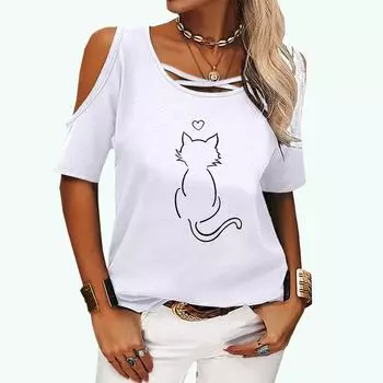 Женская модная футболка с открытыми плечами, весна-лето и осень, круглый вырез, с принтом кота, женская повседневная футболка с коротким рукавом S розовый