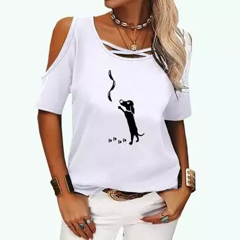 Женская модная футболка с открытыми плечами, весна-лето и осень, круглый вырез, с принтом кота, женская повседневная футболка с коротким рукавом S розовый