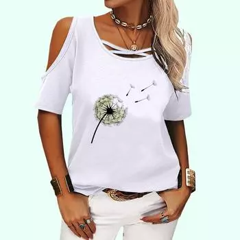 Женская модная футболка с открытыми плечами, весна-лето и осень, женская повседневная футболка с круглым вырезом и цветочным принтом, с коротким рукавом S розовый