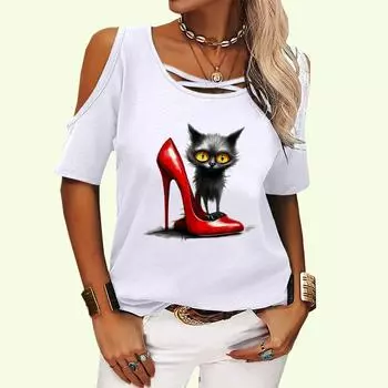 Женская модная футболка с открытыми плечами, женская повседневная футболка с круглым воротником, летний принт, короткий рукав, футболка S розовый