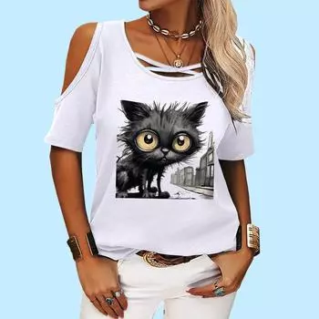 Женская модная футболка с открытыми плечами, женская повседневная футболка с круглым воротником, летний принт, короткий рукав, футболка S розовый