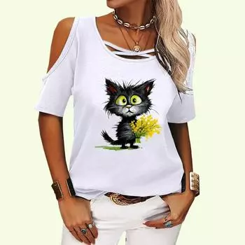 Женская модная футболка с открытыми плечами, женская повседневная футболка с круглым воротником, летний принт, короткий рукав, футболка S розовый