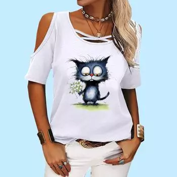 Женская модная футболка с открытыми плечами, женская повседневная футболка с круглым вырезом и принтом, летняя футболка с коротким рукавом S розовый