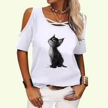 Женская модная футболка с открытыми плечами, женская повседневная футболка с круглым воротником, летний принт, короткий рукав, футболка S розовый