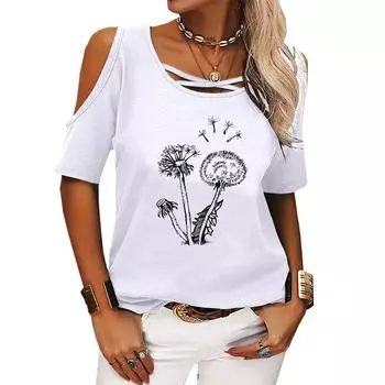 Женская модная футболка с открытыми плечами, женская повседневная футболка с круглым вырезом и цветочным принтом, летняя футболка с короткими рукавами S розовый