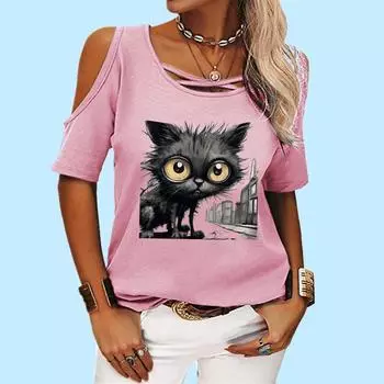 Женская модная футболка с открытыми плечами, женская повседневная футболка с круглым воротником, летний принт, короткий рукав, футболка S белый