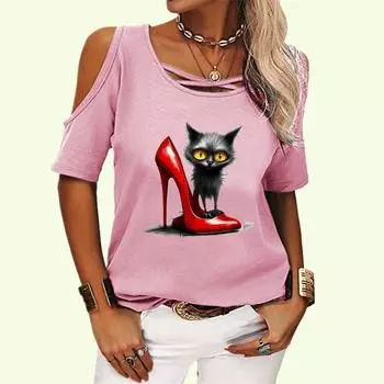 Женская модная футболка с открытыми плечами, женская повседневная футболка с круглым воротником, летний принт, короткий рукав, футболка S белый