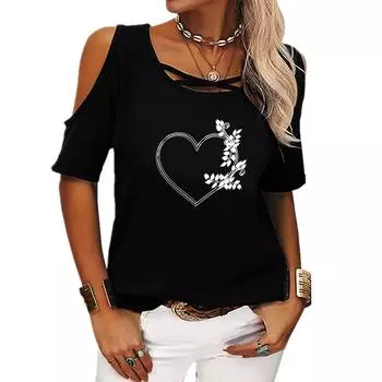 Женская модная футболка с открытыми плечами, женская повседневная футболка с круглым вырезом и принтом, летняя футболка с коротким рукавом S розовый