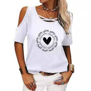 Женская модная футболка с открытыми плечами, женская повседневная футболка с принтом и круглым вырезом, летняя футболка с коротким рукавом S розовый