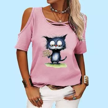 Женская модная футболка с открытыми плечами, женская повседневная футболка с круглым вырезом и принтом, летняя футболка с коротким рукавом S белый