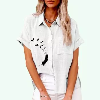 Женская модная футболка с отворотом и принтом, летняя и осенняя повседневная льняная футболка, женская футболка на пуговицах, свободные блузки с короткими рукавами S белый