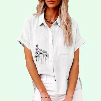 Женская модная футболка с отворотом и принтом, летняя и осенняя повседневная льняная футболка, женская футболка на пуговицах, свободные блузки с короткими рукавами S белый