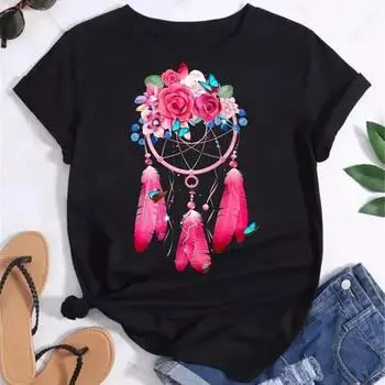 Женская модная футболка с перьями Dreamcatcher Harajuku Graphic Tees Shirt Femme Dream Catcher Женская футболка Одежда Топы S