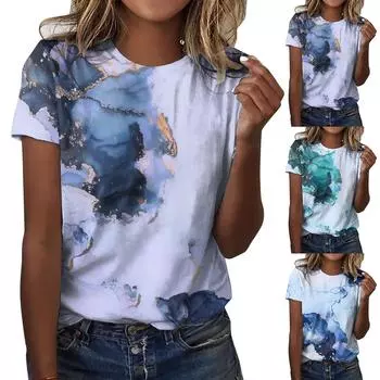 Женская модная футболка с принтом, блузка с короткими рукавами, повседневные топы с круглым вырезом XL синий