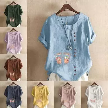 Женская модная футболка с принтом «чай из молока» с круглым вырезом и коротким рукавом, повседневная хлопковая льняная рубашка с рисунком, свободная летняя блузка, топы S розовый