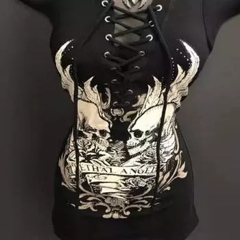 Женская модная футболка с принтом черепа и завязкой на шее S чёрный