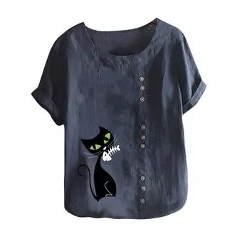 Женская модная футболка с принтом кота, блузка с круглым вырезом и короткими рукавами, летний повседневный пуловер, свободная хлопковая льняная футболка S зелёный
