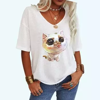 Женская модная футболка с принтом кота, летняя повседневная футболка с V-образным вырезом, свободная футболка с коротким рукавом S белый