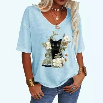 Женская модная футболка с принтом кота, повседневная свободная футболка с коротким рукавом и V-образным вырезом S белый
