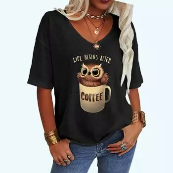 Женская модная футболка с принтом кота, повседневная свободная футболка с коротким рукавом и V-образным вырезом S белый