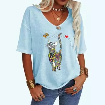 Женская модная футболка с принтом кота, повседневная свободная футболка с коротким рукавом и V-образным вырезом S белый