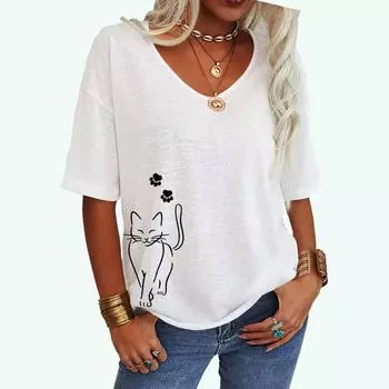 Женская модная футболка с принтом кота, свободный топ с V-образным вырезом и принтом, женская повседневная футболка с коротким рукавом S белый