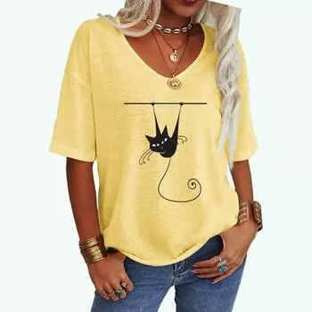 Женская модная футболка с принтом кота, свободный топ с V-образным вырезом и принтом, женская повседневная футболка с коротким рукавом S белый