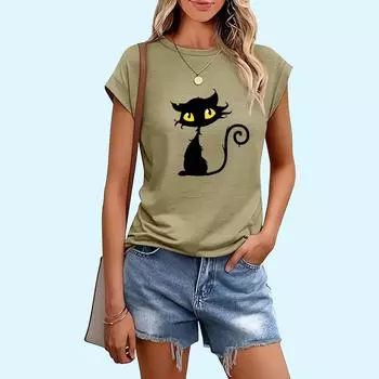 Женская модная футболка с принтом кота, весенне-летняя повседневная женская футболка с круглым воротником S чёрный