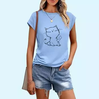 Женская модная футболка с принтом кота, весенне-летняя повседневная женская футболка с круглым вырезом и коротким рукавом S чёрный